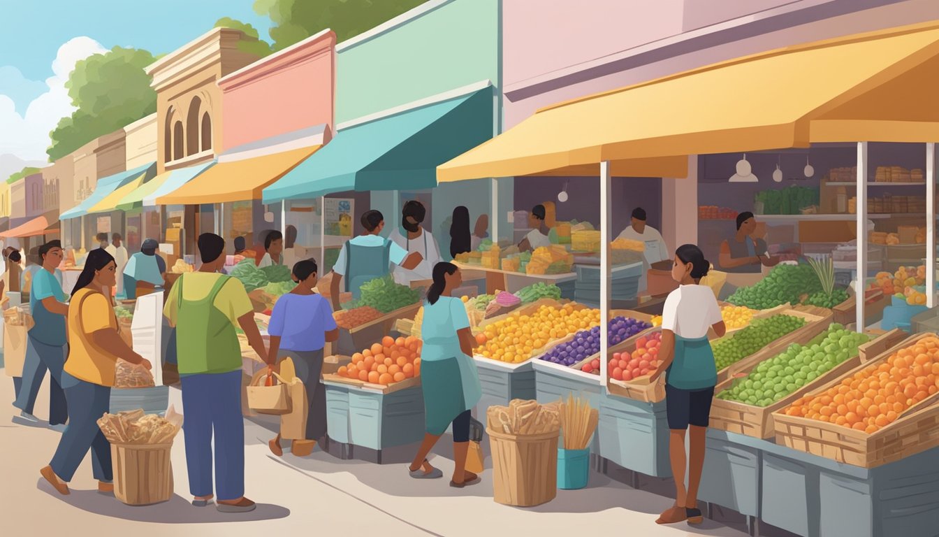 A bustling market filled with colorful stalls offering artisanal and specialty products in Brownsville, TX. Customers browse and purchase goods from the local food co-op