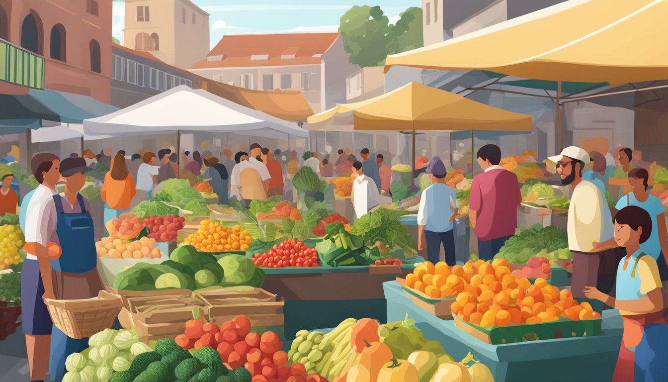 A bustling market stall filled with colorful fruits and vegetables, surrounded by local farmers and customers browsing the fresh produce