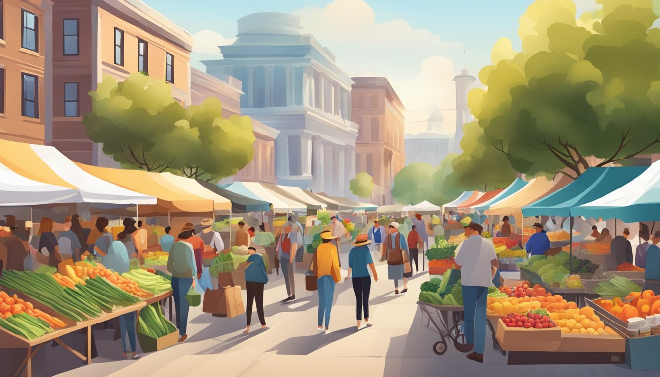 A bustling farmers' market with colorful stalls and a variety of fresh produce, surrounded by a diverse crowd of shoppers and vendors