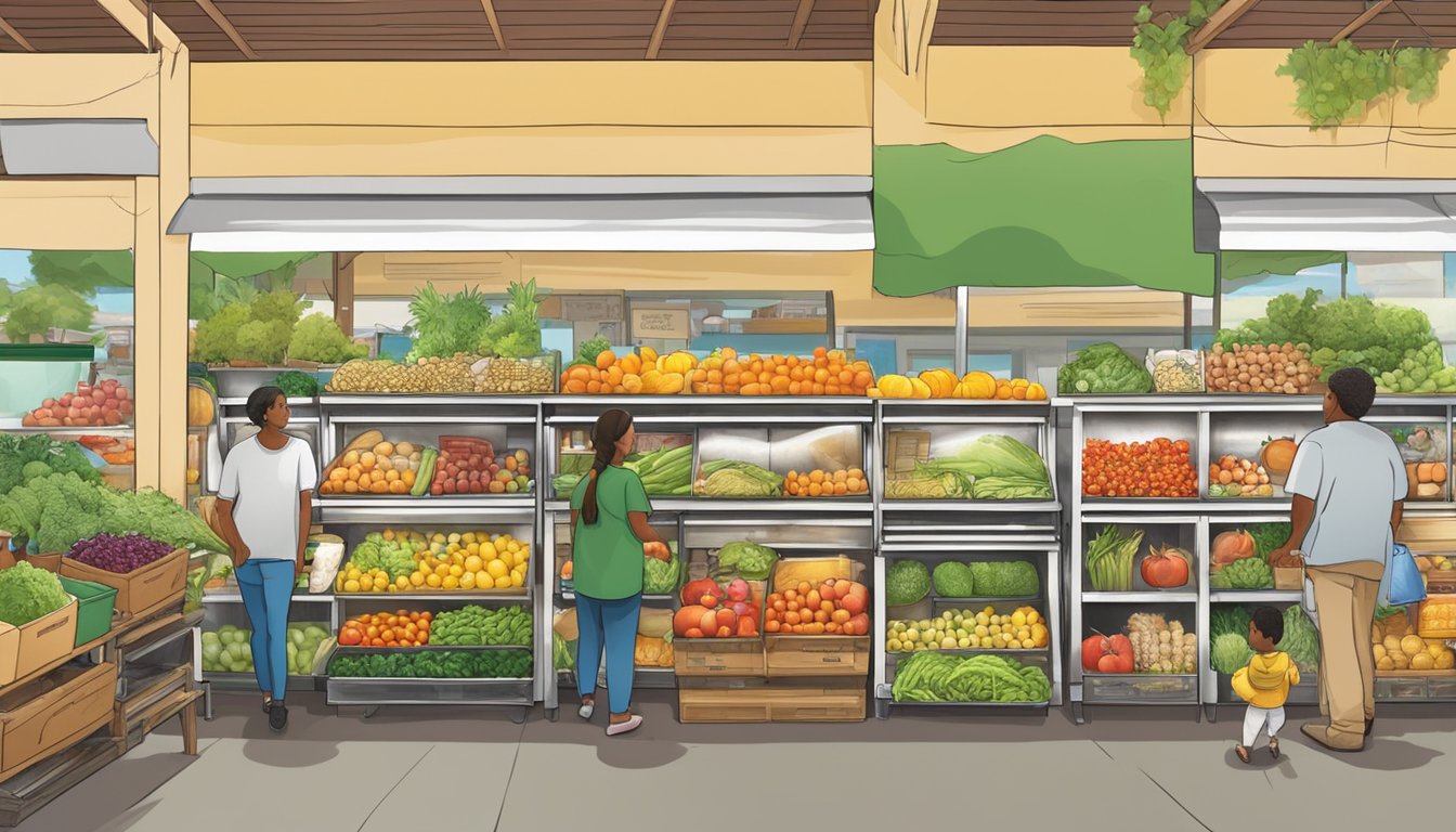 A bustling local food coop in Brownsville, TX, with colorful displays of fresh produce and shelves stocked with nutritional outreach and education materials