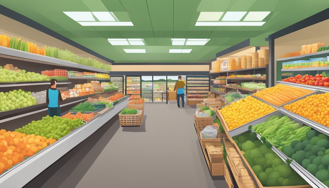 A bustling local food co-op with colorful produce and bulk bins, contrasted with a traditional grocery store with bright aisles and packaged goods