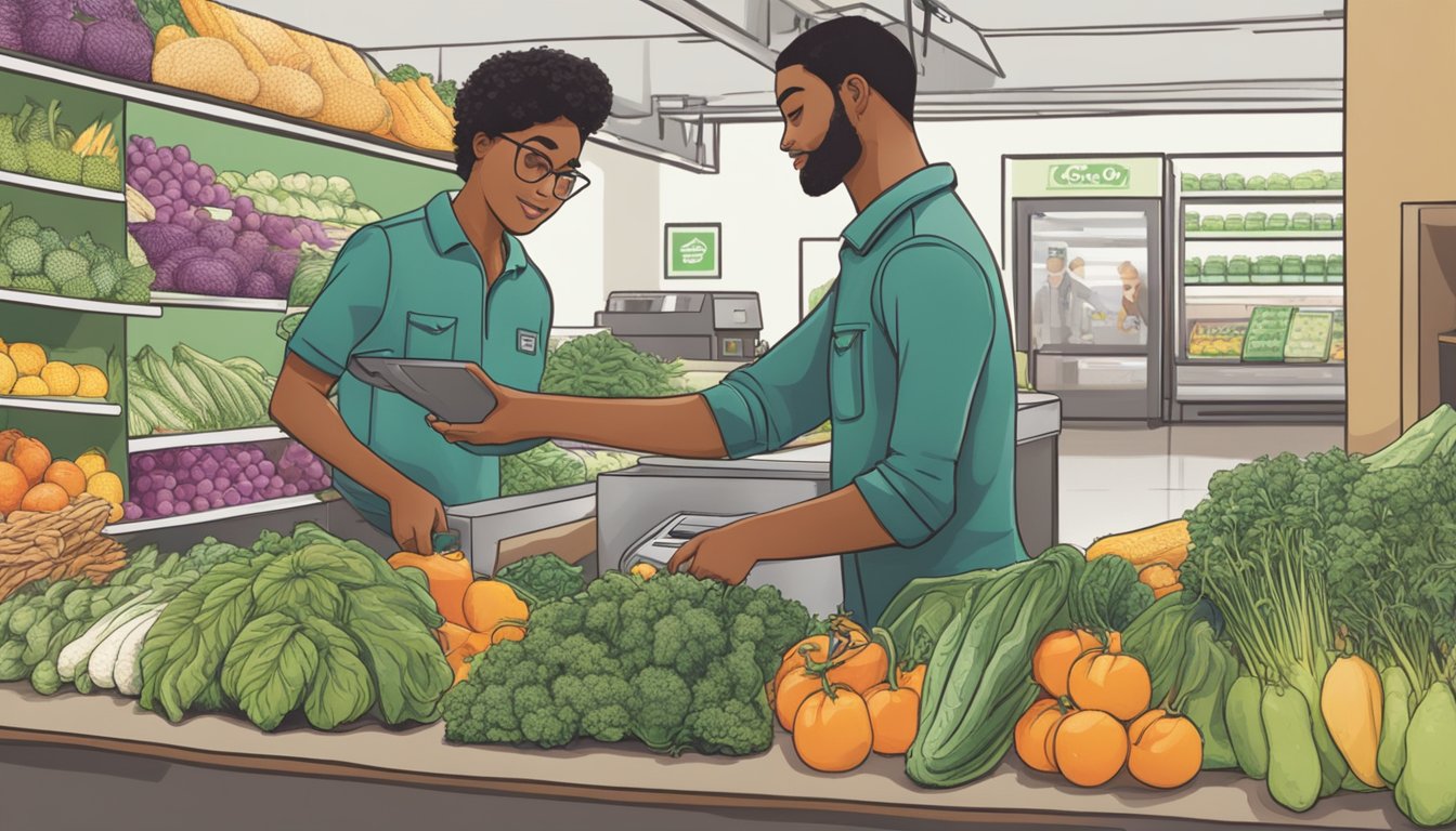 A person placing locally grown produce into a reusable bag at a co-op checkout counter