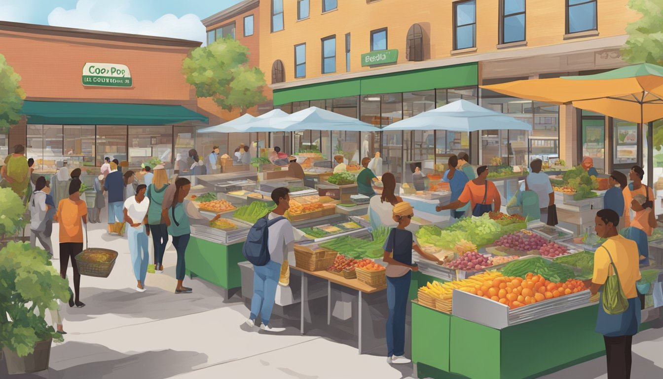 A bustling food co-op with diverse dining options, from fresh produce to prepared meals, set against a backdrop of local artwork and community events