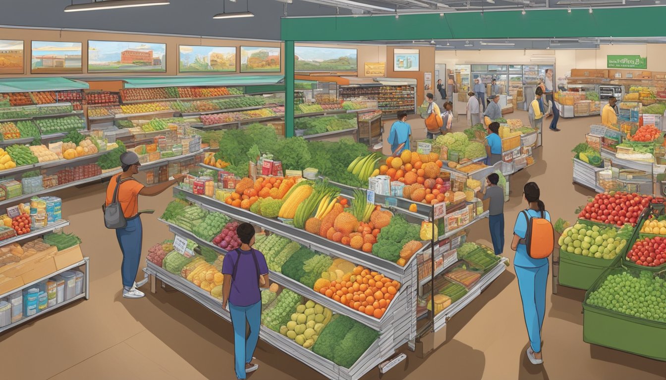 A bustling local food co-op in Tempe, Arizona, with colorful produce, shelves of goods, and customers browsing the aisles