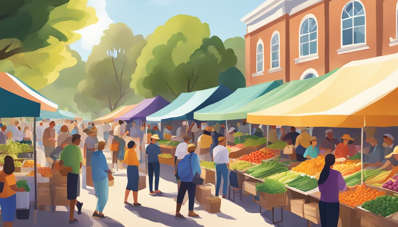 A bustling farmers' market with colorful produce stalls and a crowd of people browsing and chatting with local vendors