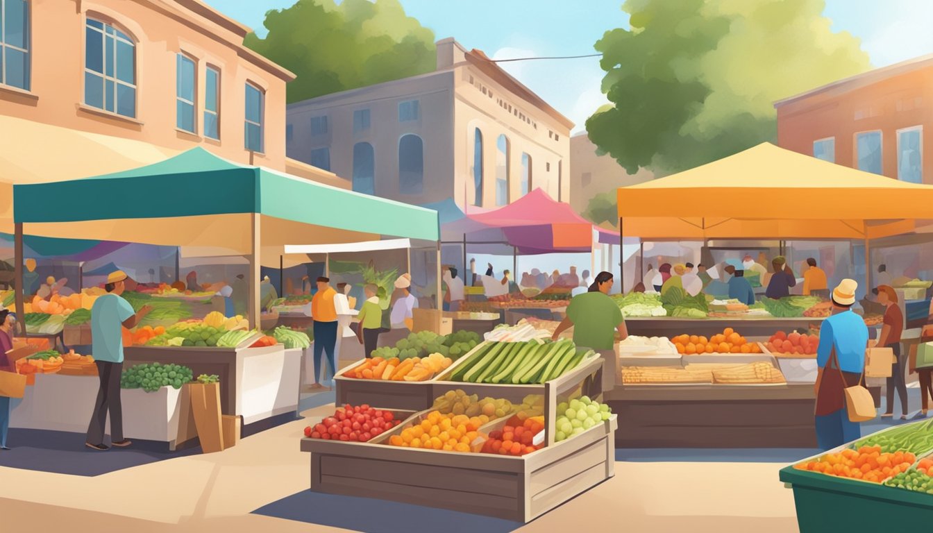 A bustling farmers' market with colorful stalls and a diverse array of fresh produce, baked goods, and artisanal products