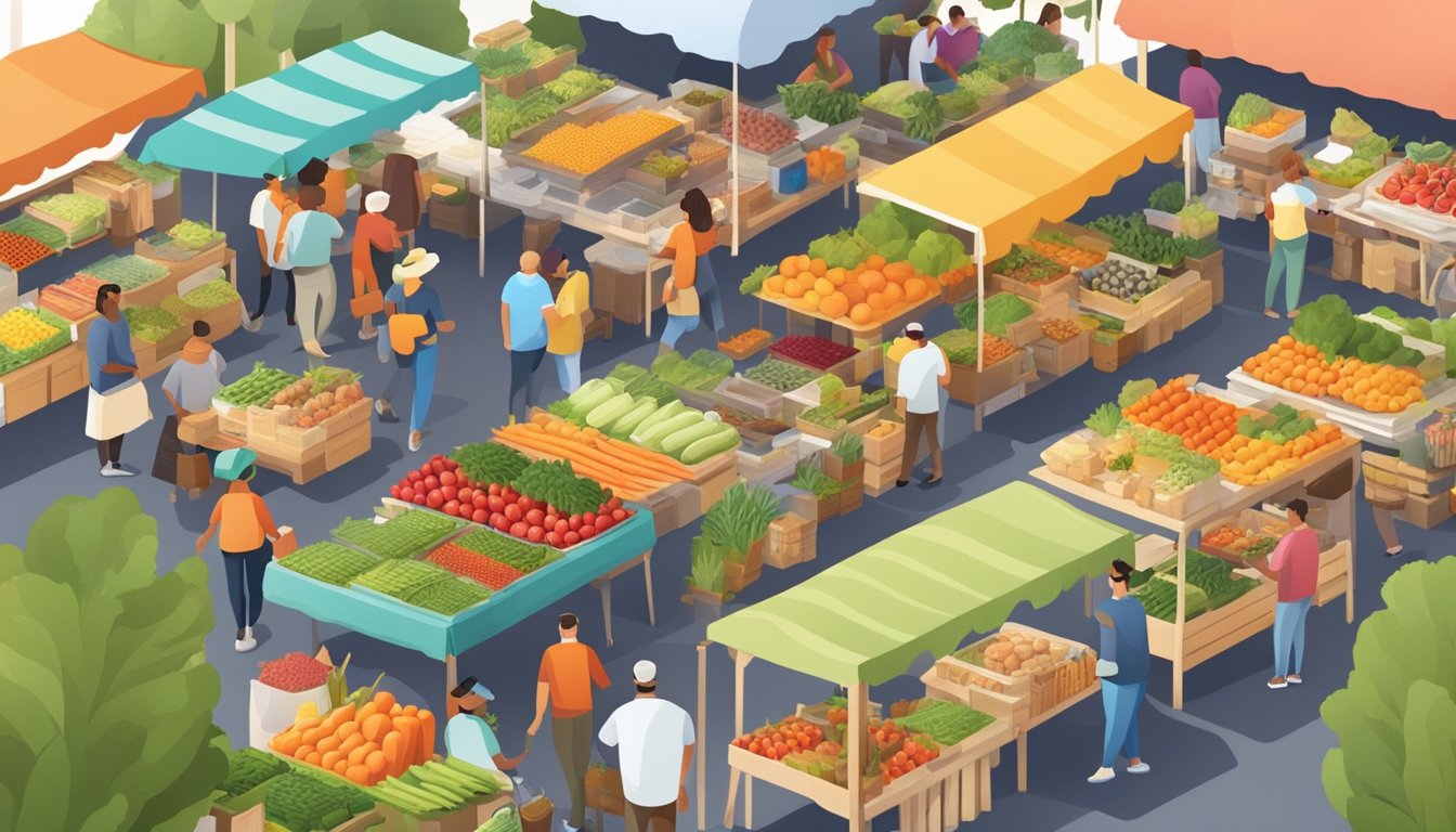 A bustling farmers market with colorful stalls of fresh produce and local goods, surrounded by a diverse array of food vendors and eager customers