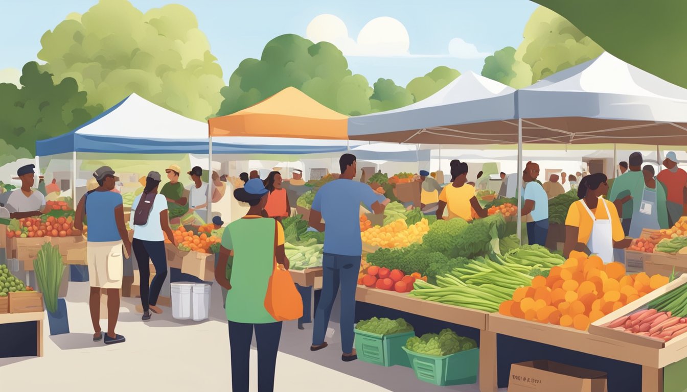 A bustling farmers market with colorful produce, local vendors, and community members exchanging goods and conversation