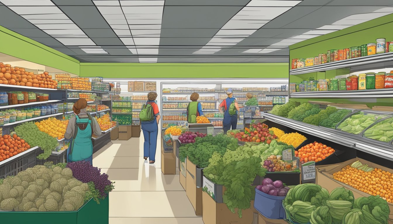 A bustling local food co-op in Newport News, VA, with shelves stocked with fresh produce, grains, and canned goods. Customers browse the aisles, chatting with staff