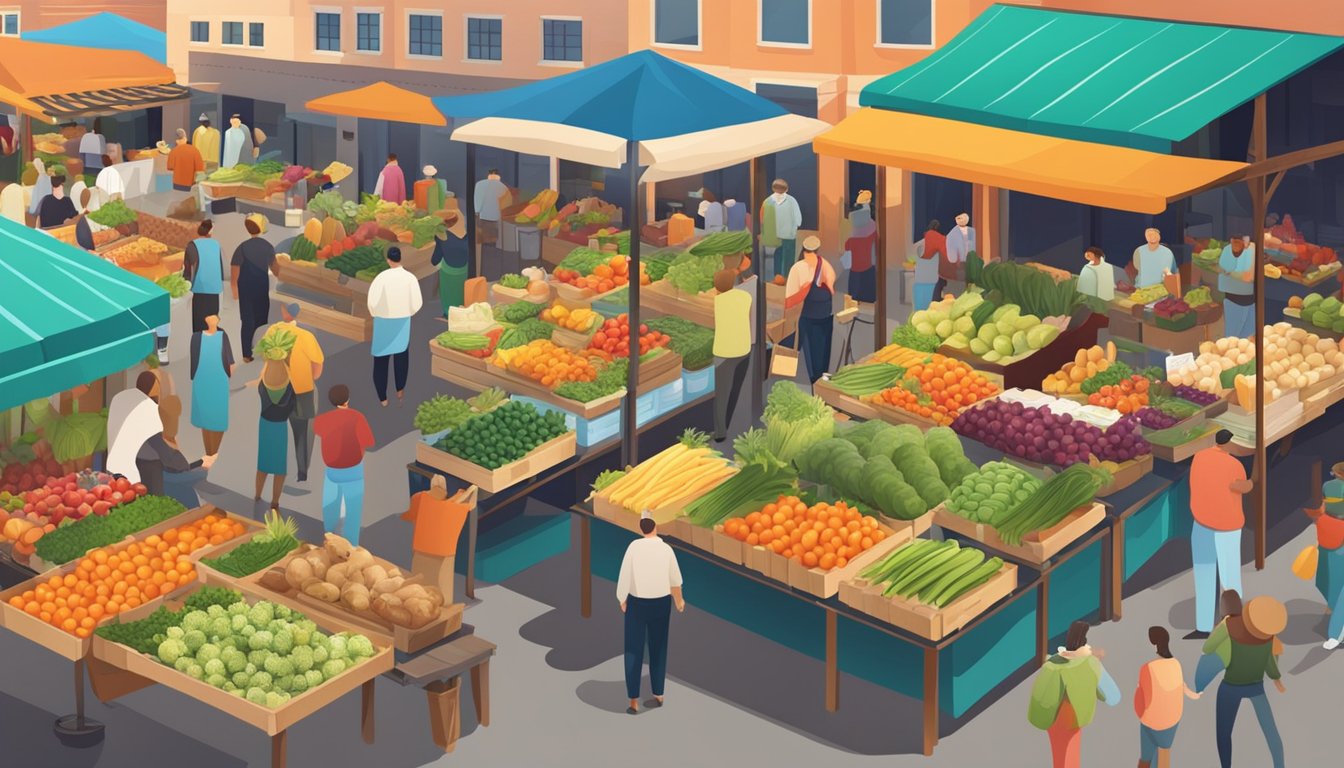 A bustling farmer's market with colorful stalls and a variety of fresh produce, surrounded by local producers showcasing their goods