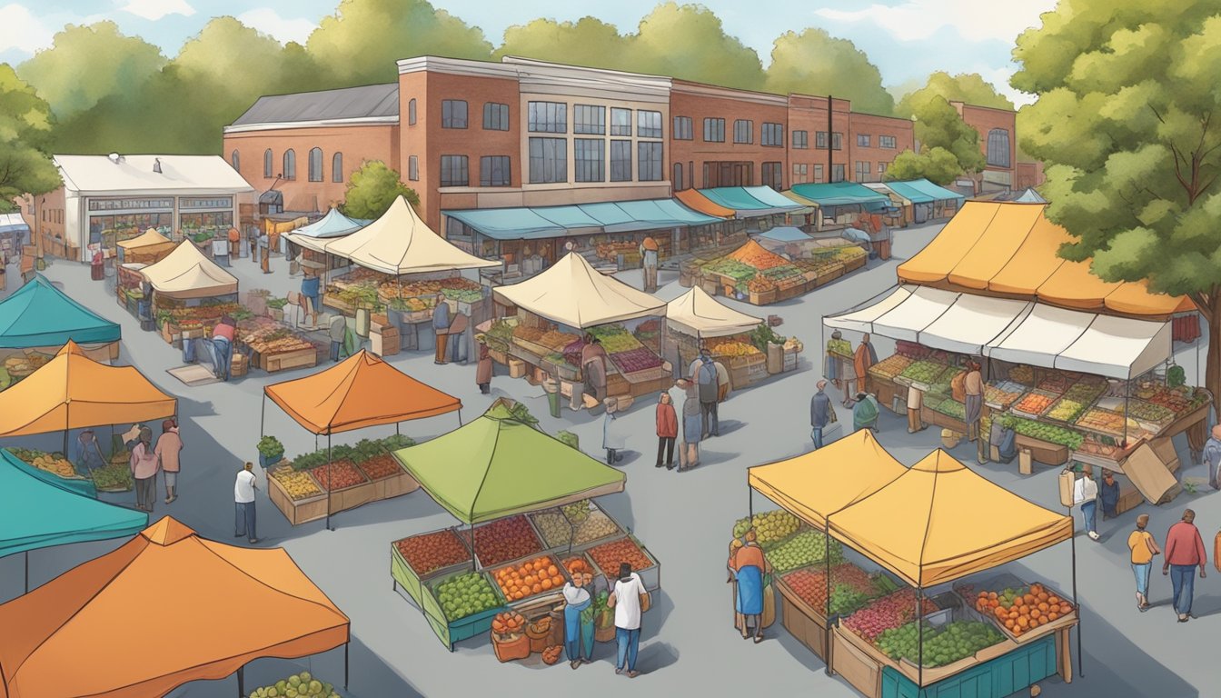 A bustling farmers market with colorful stalls and diverse produce, surrounded by a tight-knit community in Newport News, VA