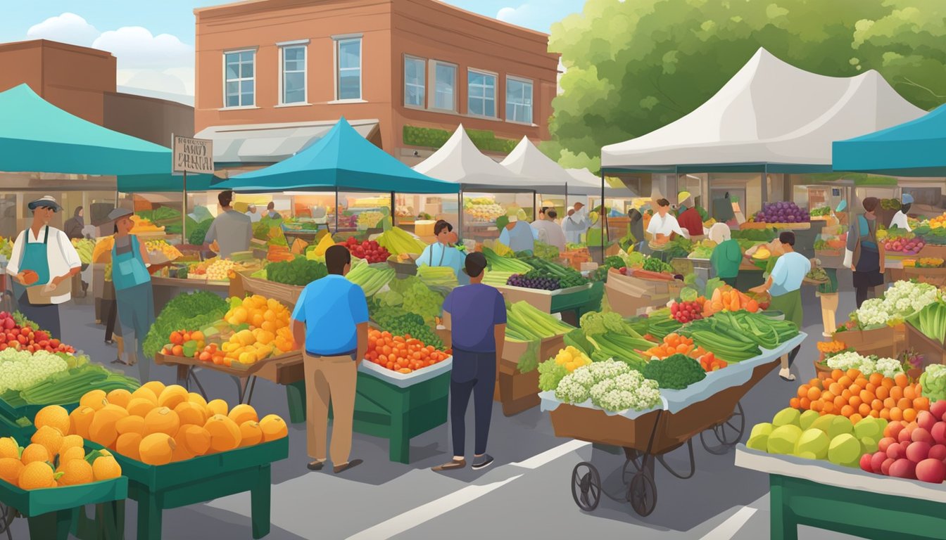 A bustling farmers market with colorful displays of fresh fruits, vegetables, and flowers, surrounded by local vendors and customers