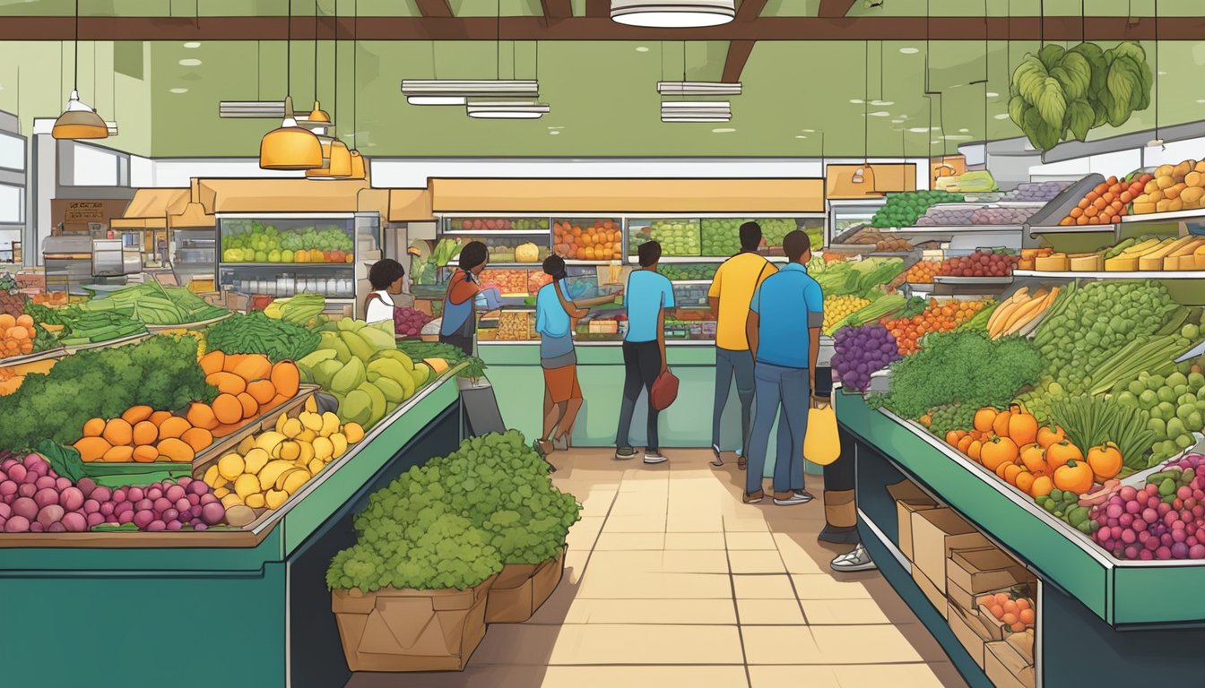 Busy local food coop with colorful produce displays, bustling shoppers, and friendly staff assisting customers