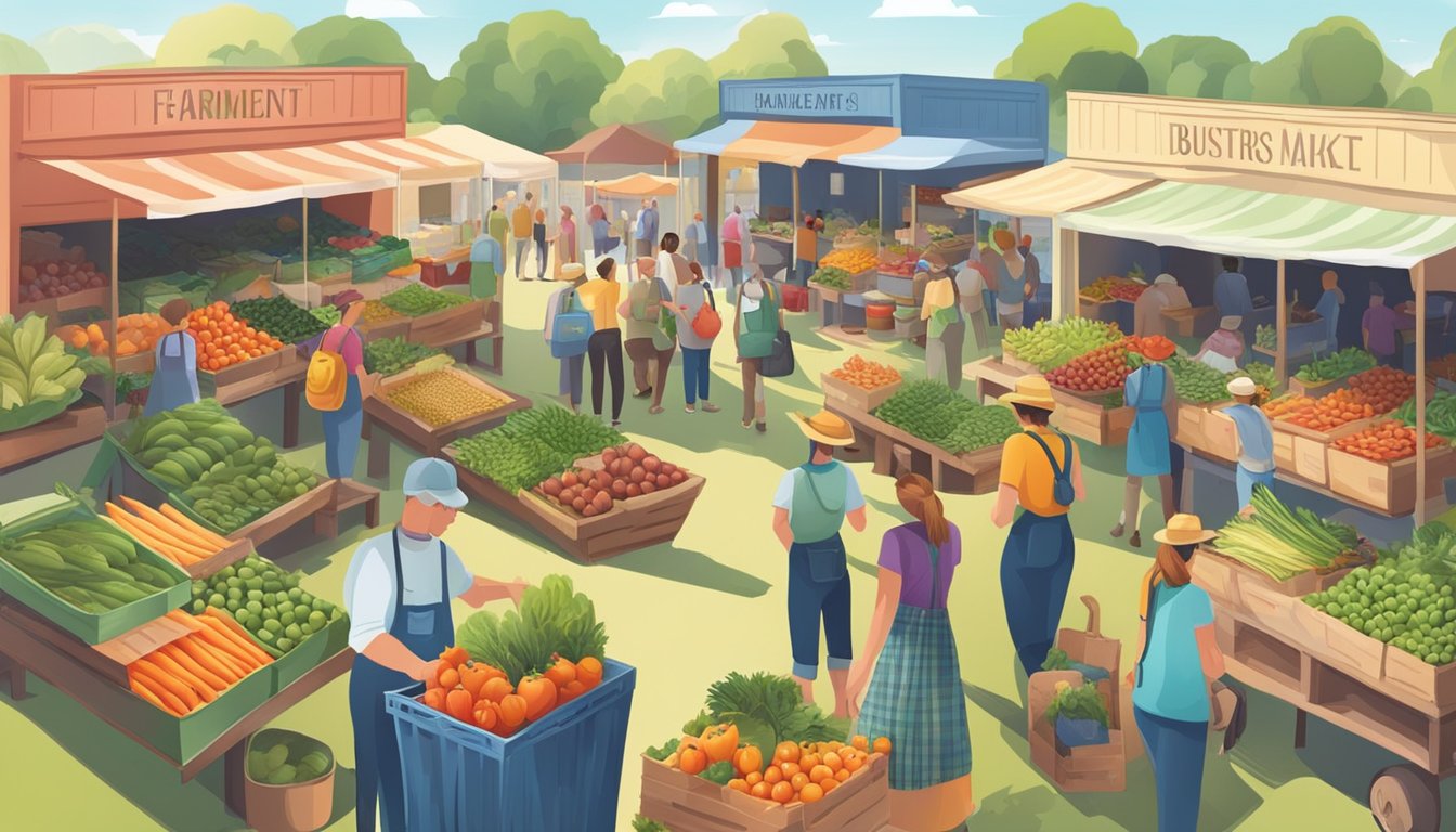 A bustling farmers' market with a variety of fresh produce and locally made goods. Vendors and customers interact in a vibrant atmosphere