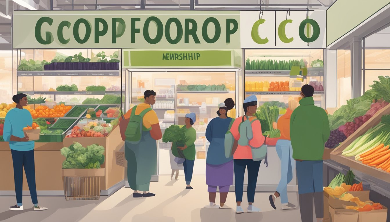 A group of people gathering in a welcoming local food co-op, with a sign displaying membership information and a variety of fresh produce and products on display