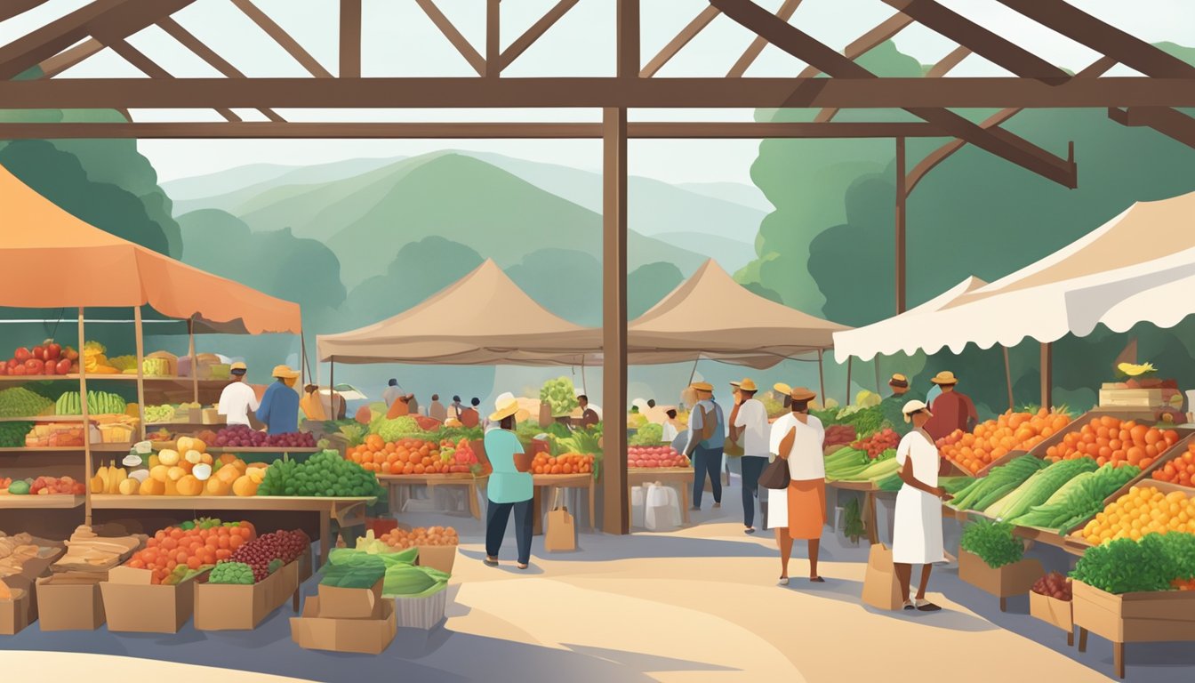 A bustling farmers market with colorful produce and locally made food products on display