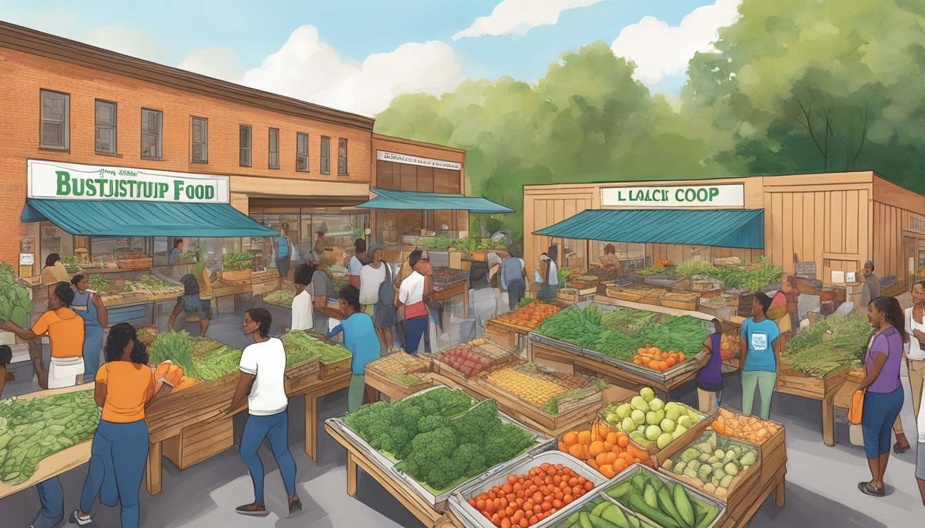 A bustling local food coop in Atlanta, GA, with diverse produce, sustainable packaging, and community members engaging in eco-friendly practices