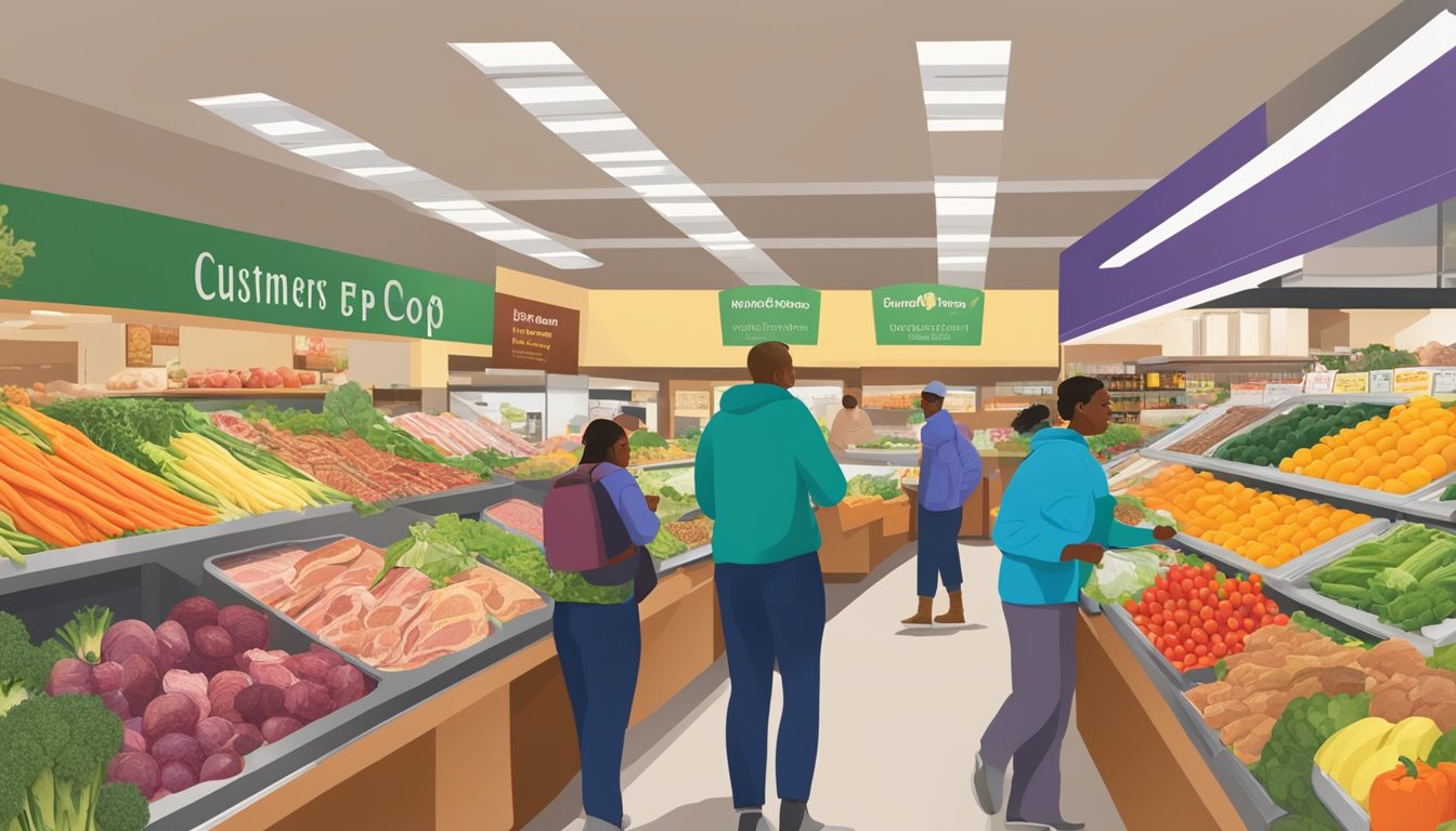 Customers browsing colorful displays of fresh produce, local meats, and artisanal goods at a bustling food co-op in Newport News, VA