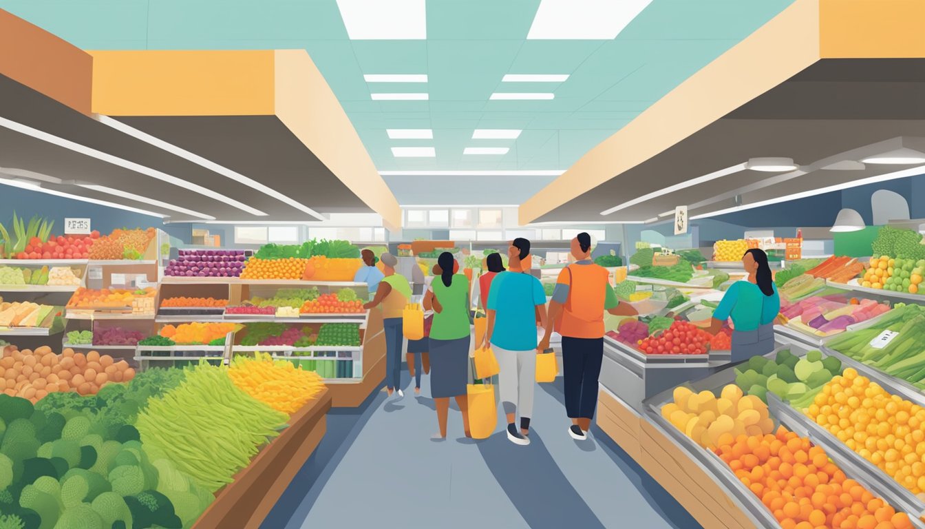 A bustling local food coop in Sacramento, CA, with colorful produce, friendly staff, and diverse customers browsing the aisles