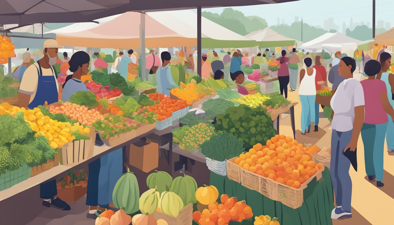 A bustling market with colorful produce, flowers, and plants. Customers browse the aisles while vendors chat and sell their goods