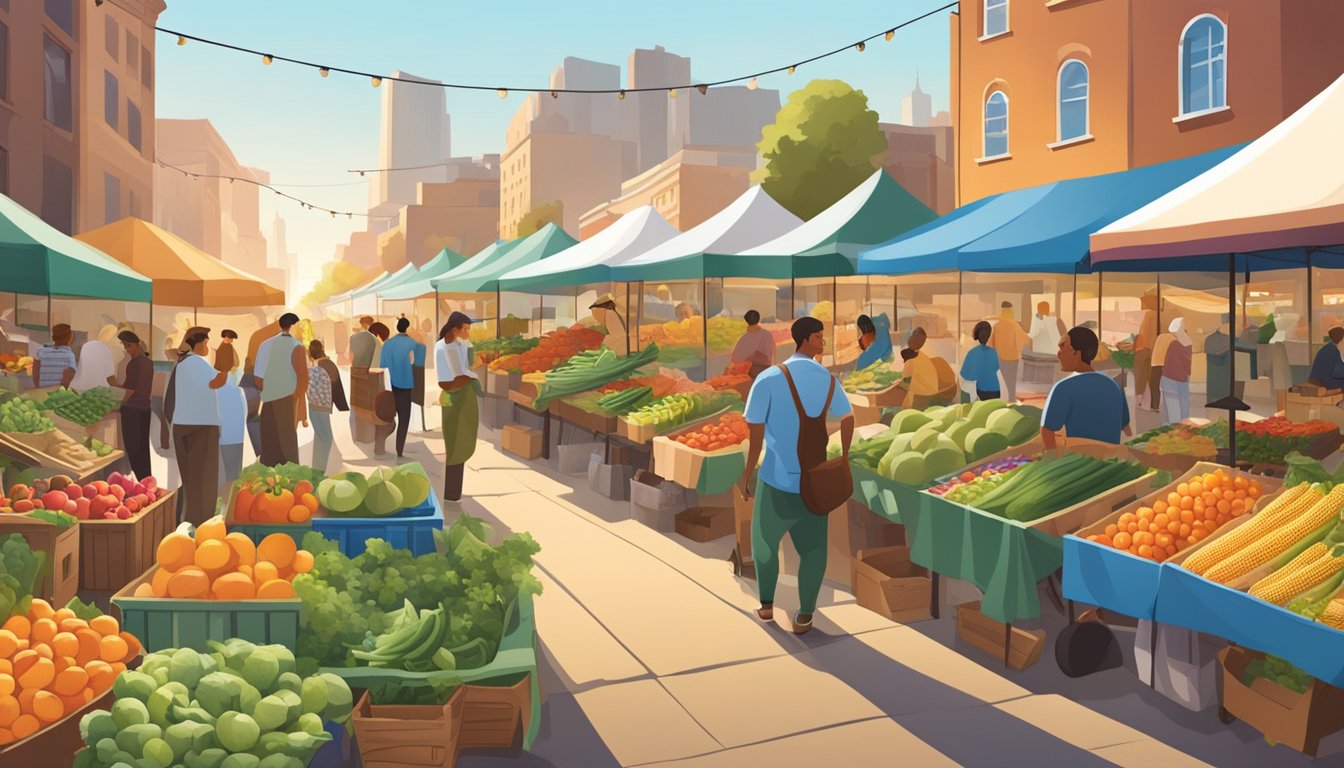 A bustling farmers' market with vendors selling fresh produce and local goods, surrounded by a vibrant cityscape