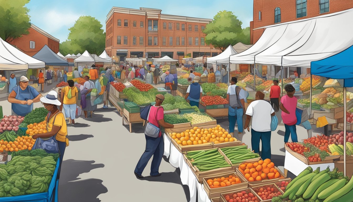 A bustling farmer's market with various vendors selling fresh produce and locally made goods, surrounded by a diverse community in Newport News, VA