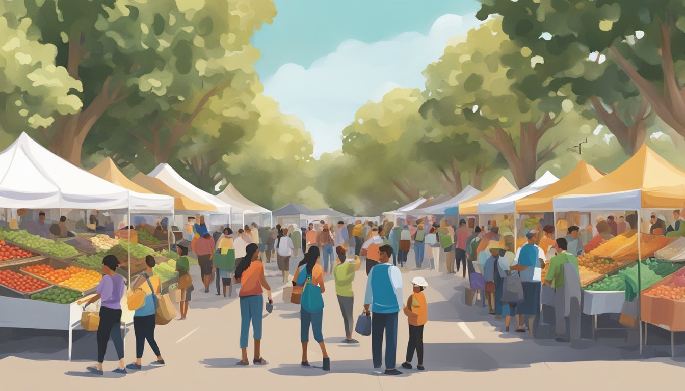 A bustling farmers' market with colorful stalls, fresh produce, and a diverse crowd browsing and buying from local food co-ops in Sacramento, CA