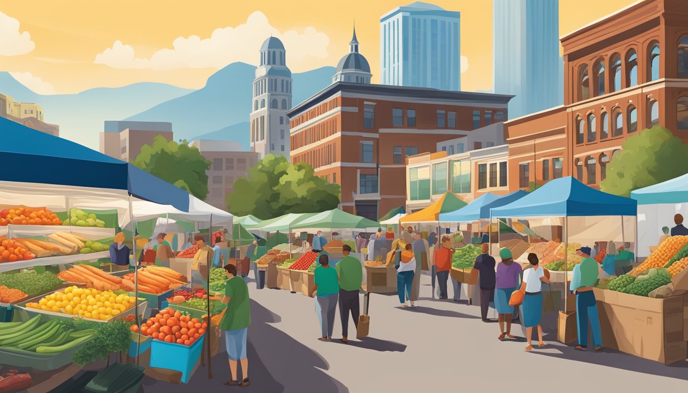 A bustling farmer's market with colorful produce stalls and local vendors, set against the backdrop of the Chattanooga skyline