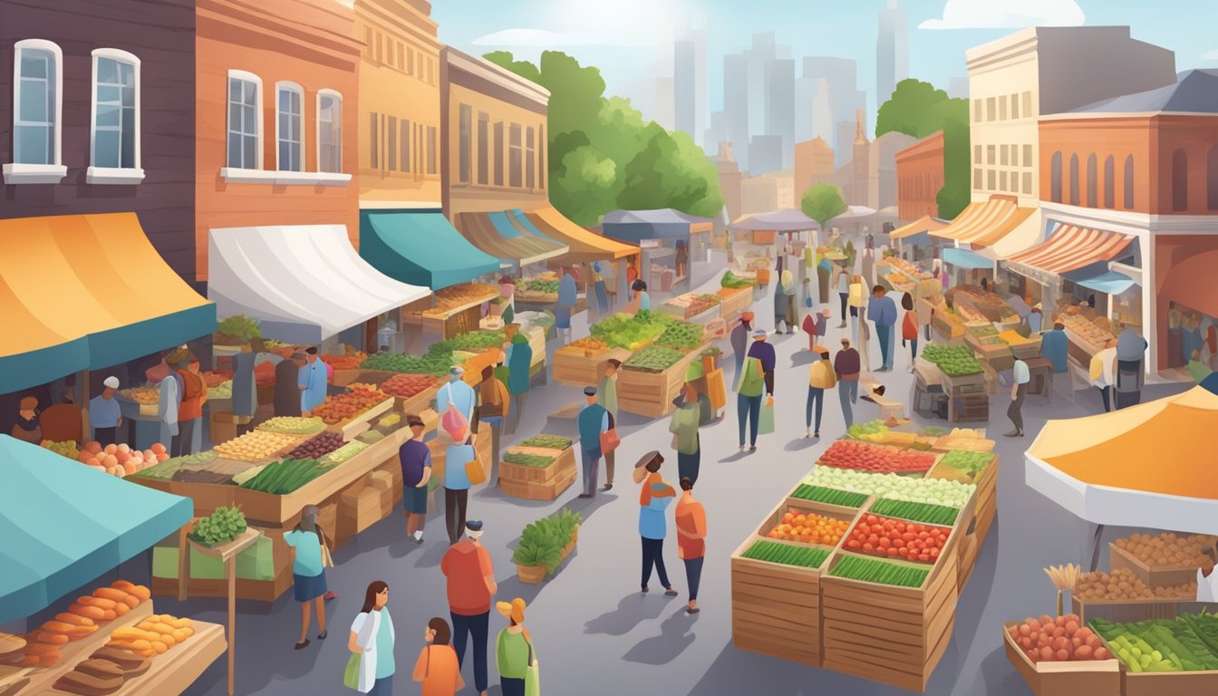 A bustling farmer's market with colorful stalls and a variety of fresh produce, baked goods, and artisanal products. Busy shoppers browse and chat with vendors