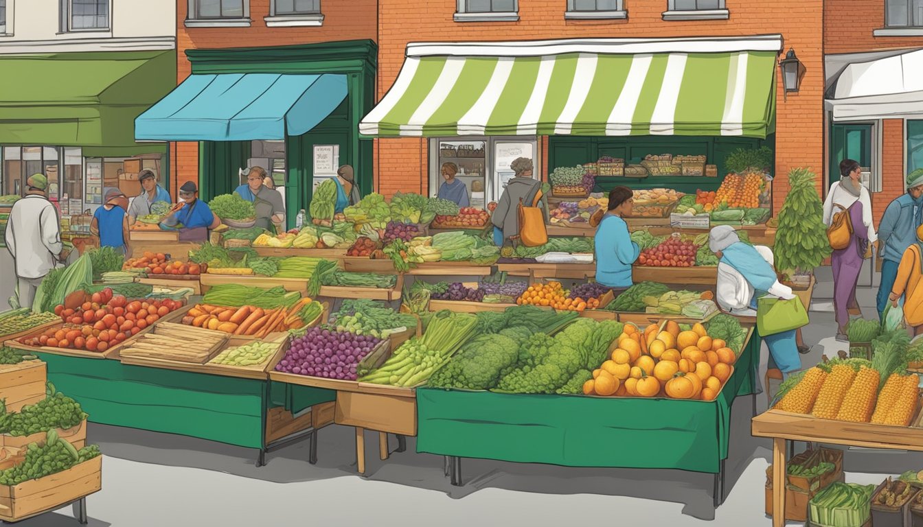 A bustling farmers market with colorful produce, fresh bread, and local honey. An array of organic and natural food options in a vibrant Providence, RI local food coop