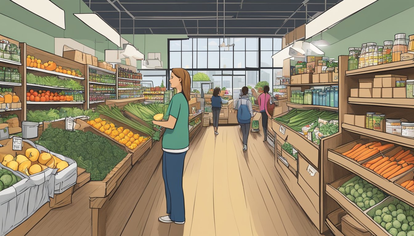 A bustling local food co-op in Providence, RI, with shelves stocked full of fresh produce, bulk goods, and artisanal products. Busy customers browse the aisles while friendly staff assist at the checkout