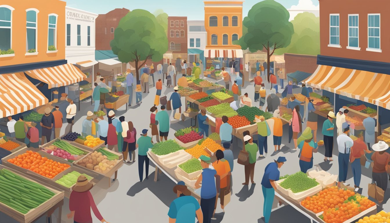 A bustling farmers' market with colorful produce, local vendors, and community members exchanging goods and conversation