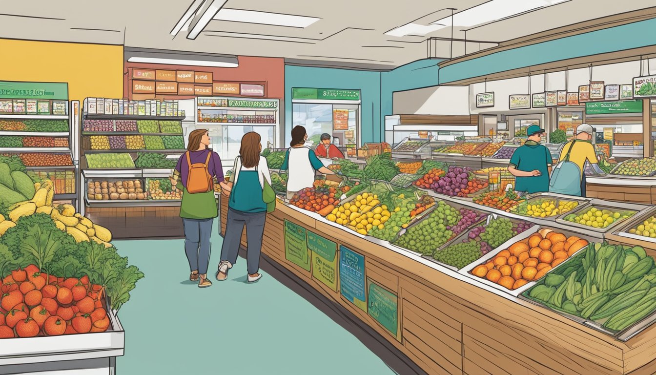 Customers browsing fresh produce and locally made products at a bustling food co-op in Providence, RI. Brightly colored displays and friendly staff create a welcoming atmosphere