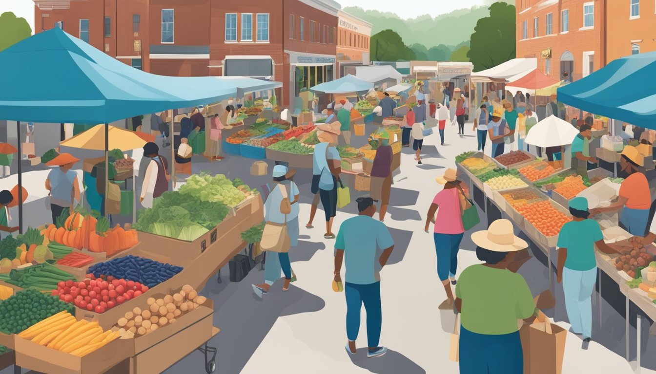 A bustling farmers market in Chattanooga, TN, with vendors selling fresh produce, homemade goods, and local crafts, surrounded by a diverse community of shoppers