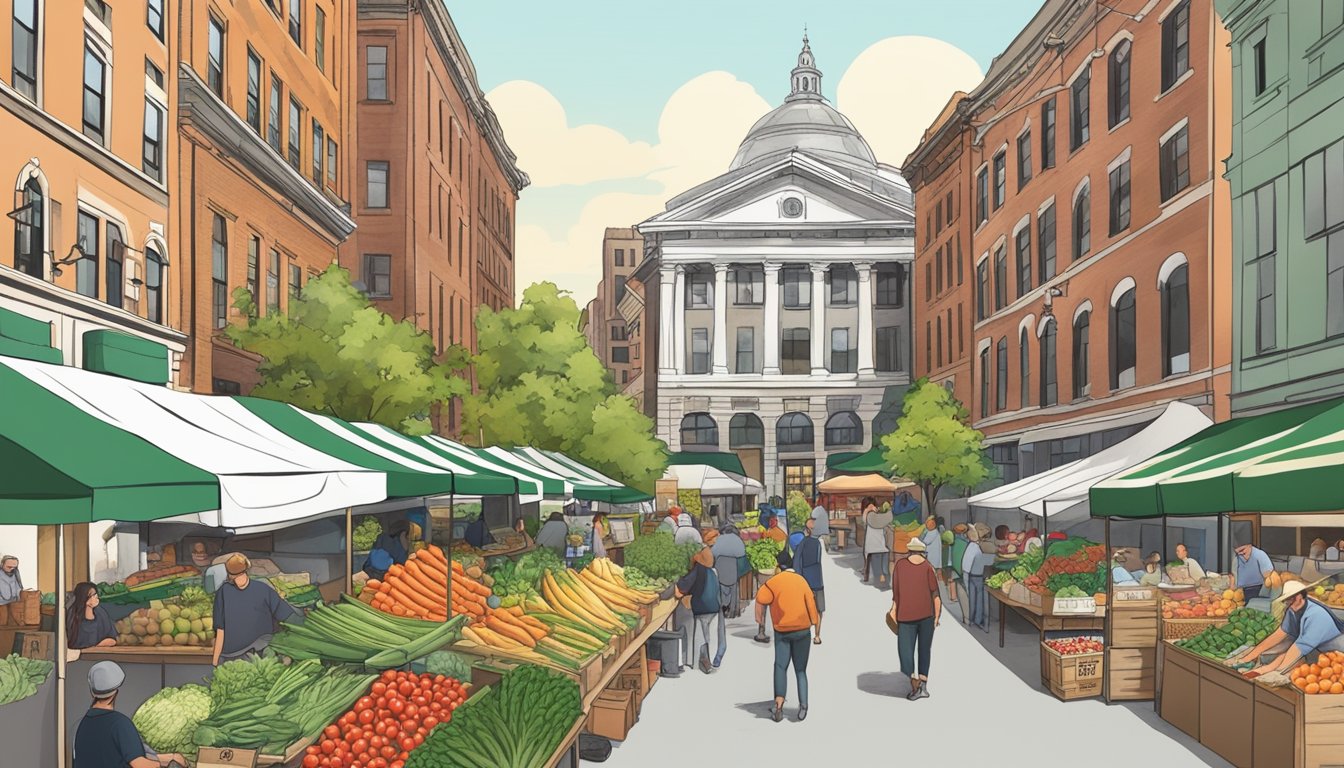 A bustling farmer's market with a variety of fresh produce and locally made goods, surrounded by historic buildings in downtown Providence, RI