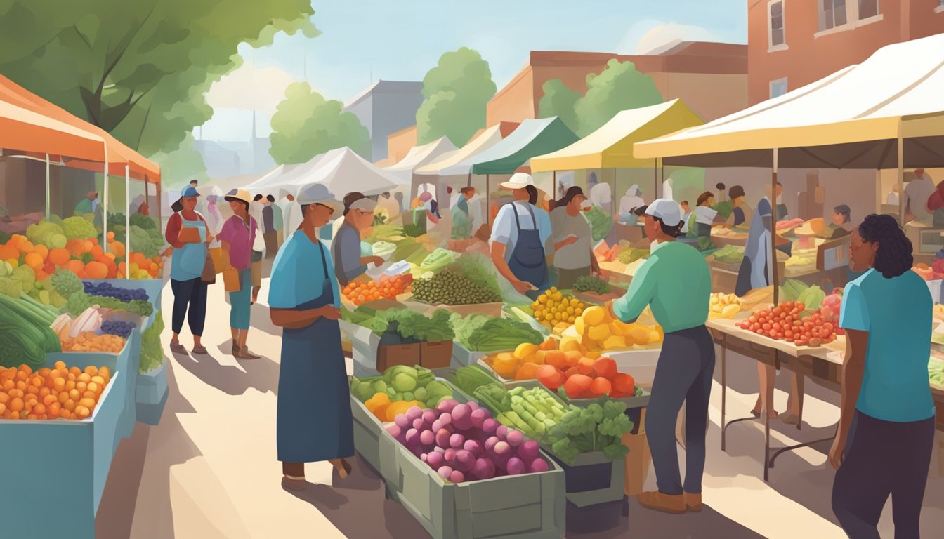 A bustling farmers market with colorful produce, vendors, and community members exchanging goods and conversation