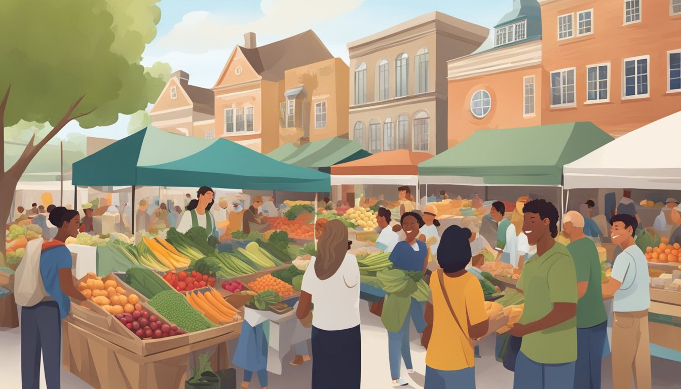 A bustling farmers' market with diverse fresh produce, smiling vendors, and customers chatting and exchanging goods