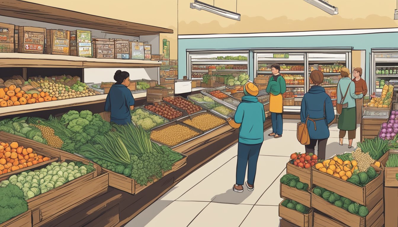 A bustling local food co-op in Pittsburgh, PA, with shelves stocked full of fresh produce, grains, and other locally-sourced goods. Customers chat with friendly staff as they browse the aisles