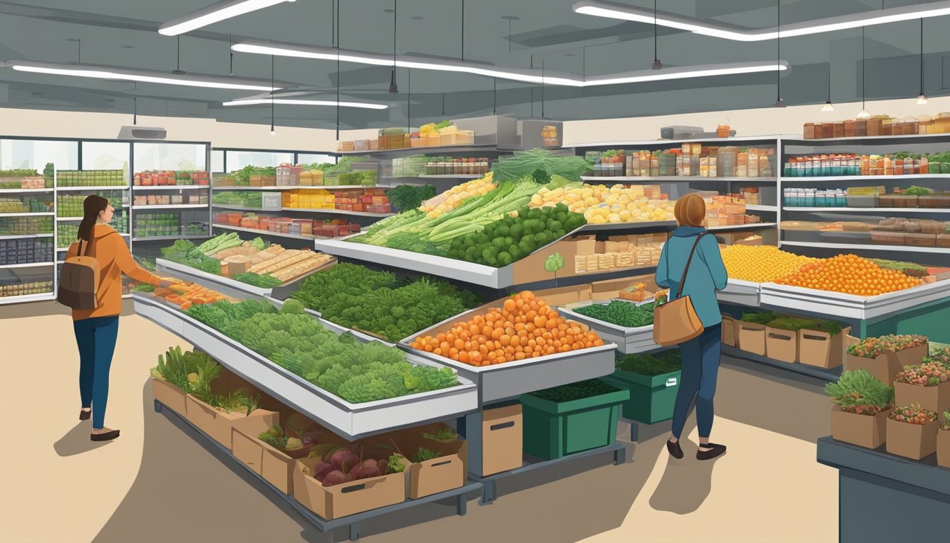 A bustling local food co-op in Boise, ID, with shelves stocked with a variety of fresh produce, artisanal goods, and bulk items