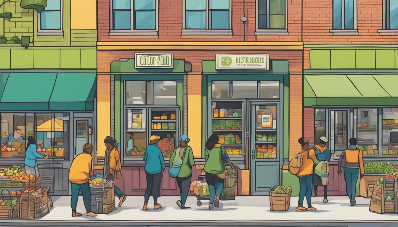 A bustling local food co-op in Pittsburgh, PA, with members browsing and participating in various activities