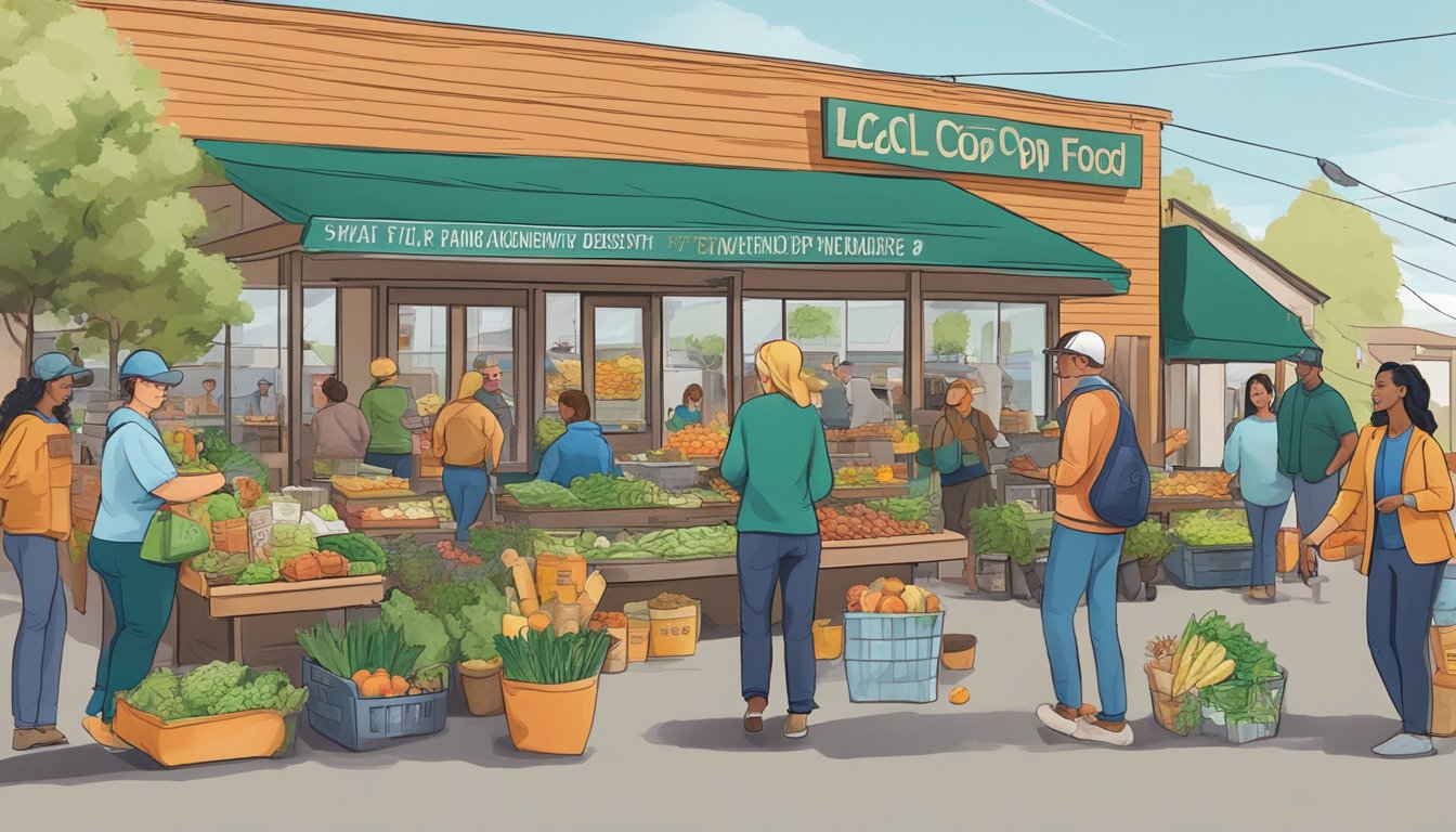 A bustling local food co-op with members enjoying discounts, community events, and engaging with vendors in Boise, Idaho