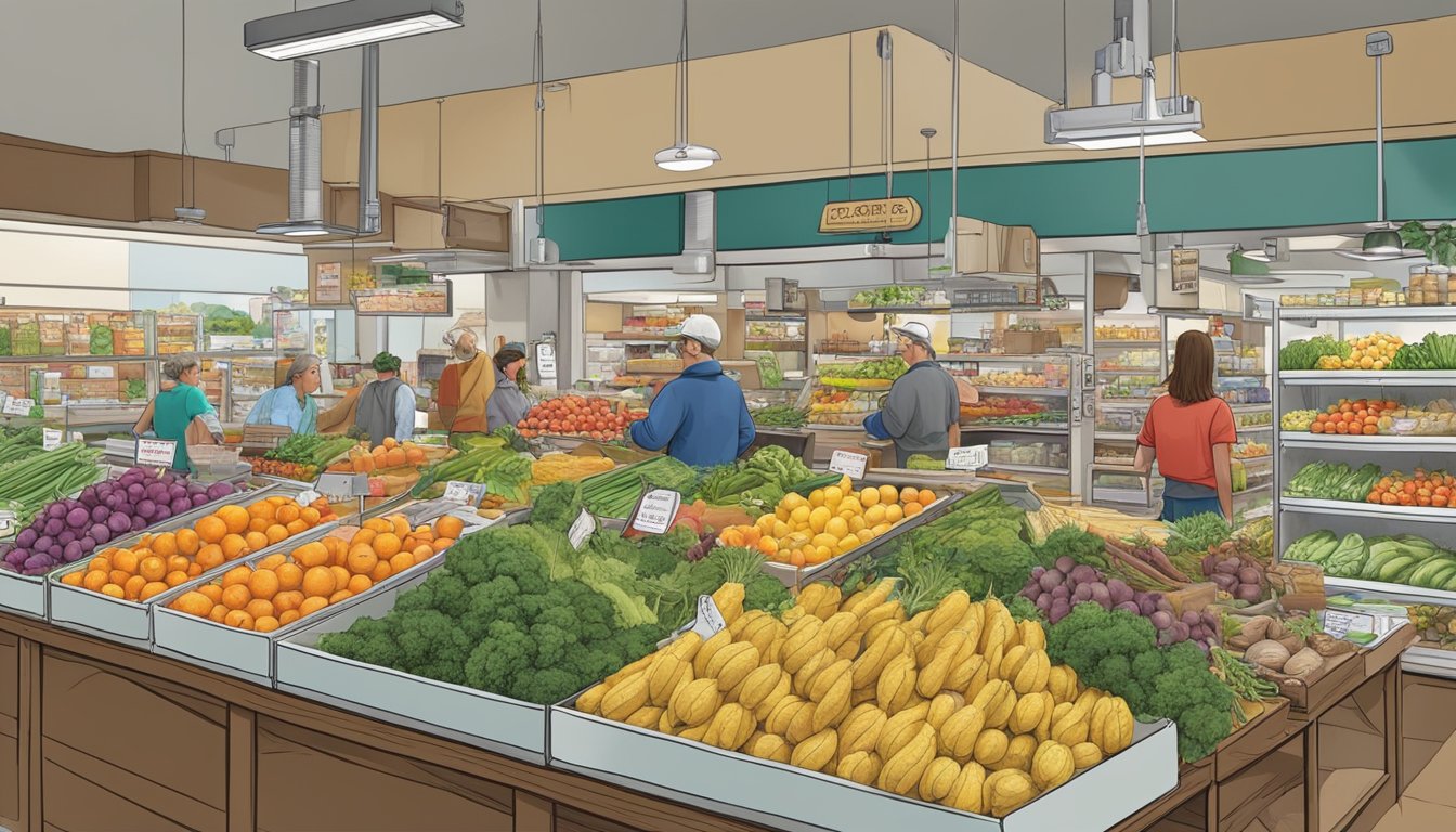 A bustling local food coop in Boise, ID with various departments and services. Customers browsing produce, bulk goods, and specialty items