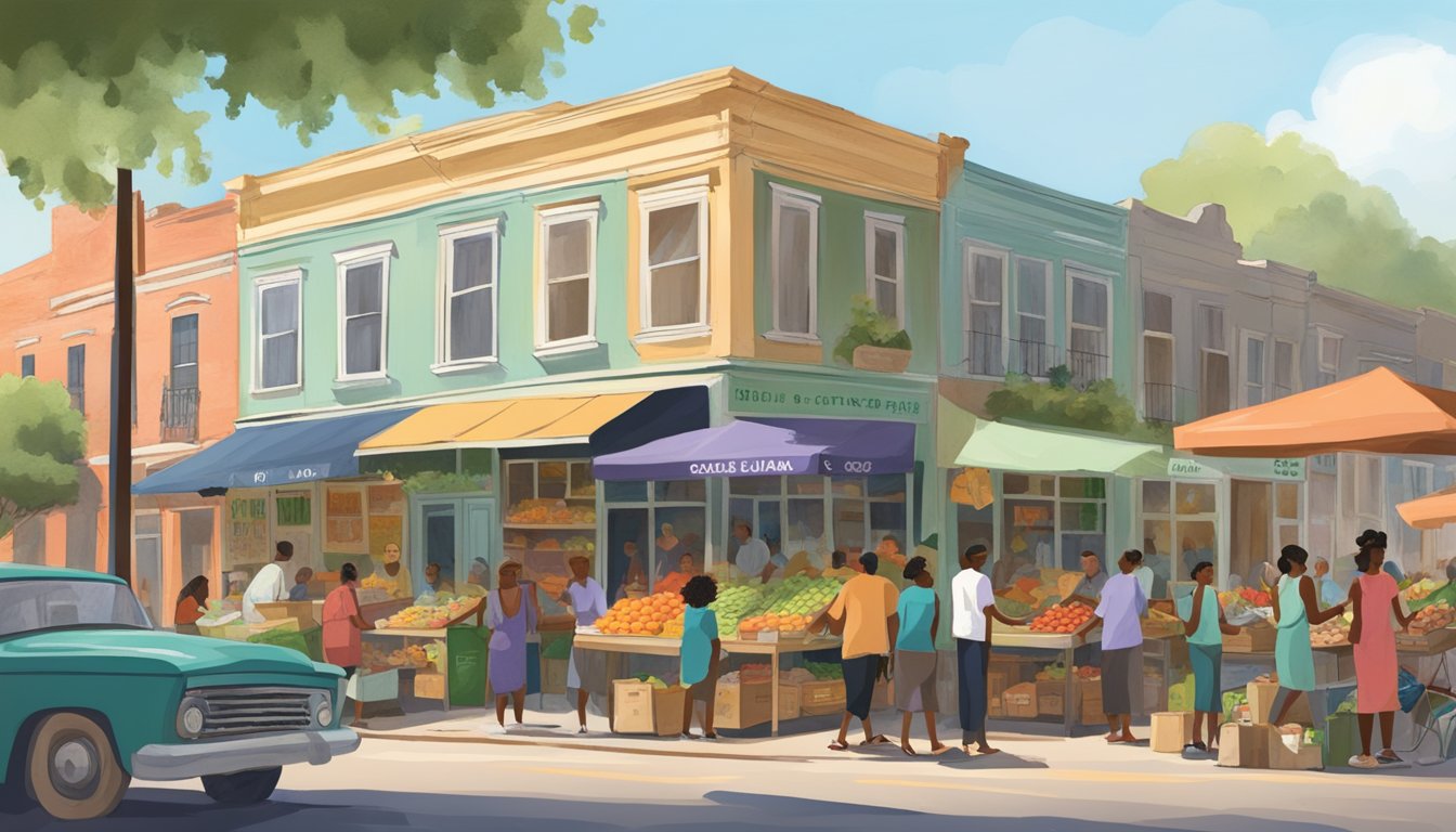 A bustling local food coop in New Orleans, Louisiana, with vendors selling fresh produce, baked goods, and handmade crafts, while community members chat and shop