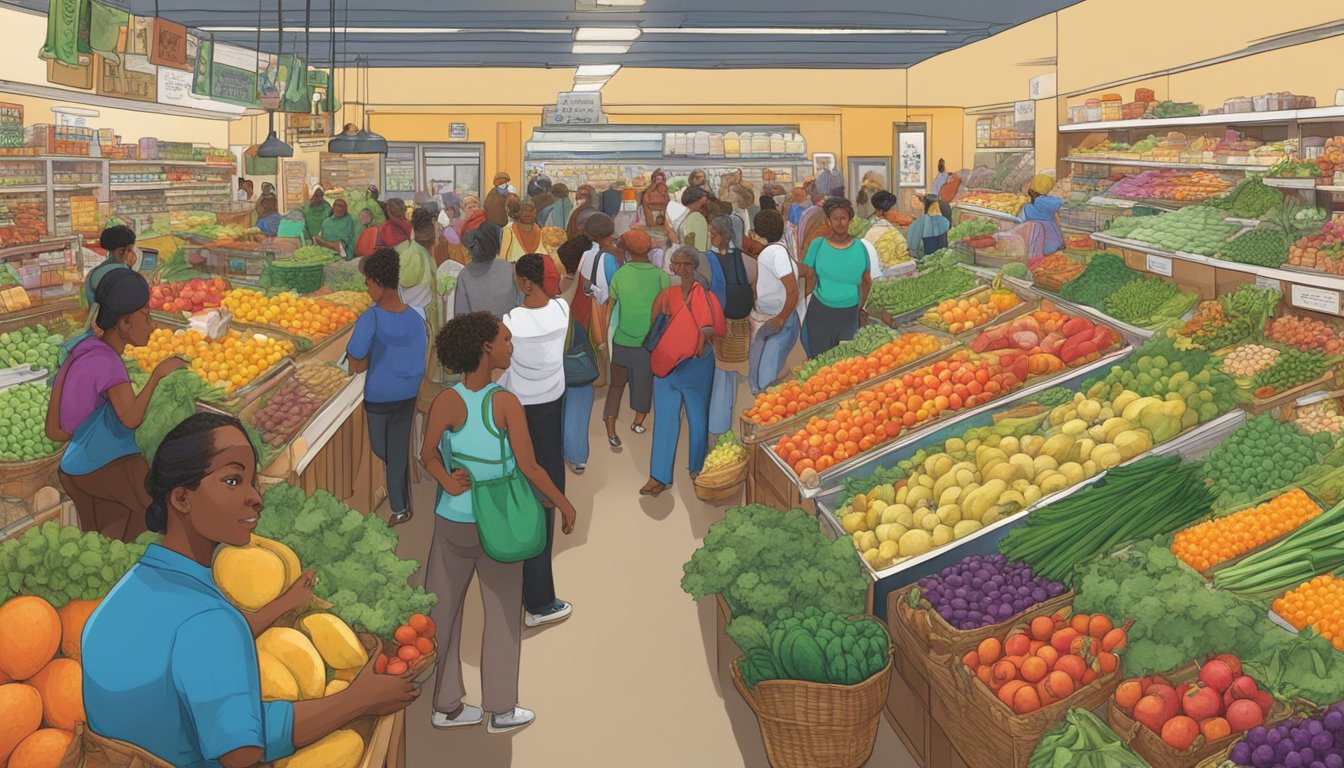 A bustling food coop in New Orleans, with colorful produce and a diverse crowd browsing the aisles