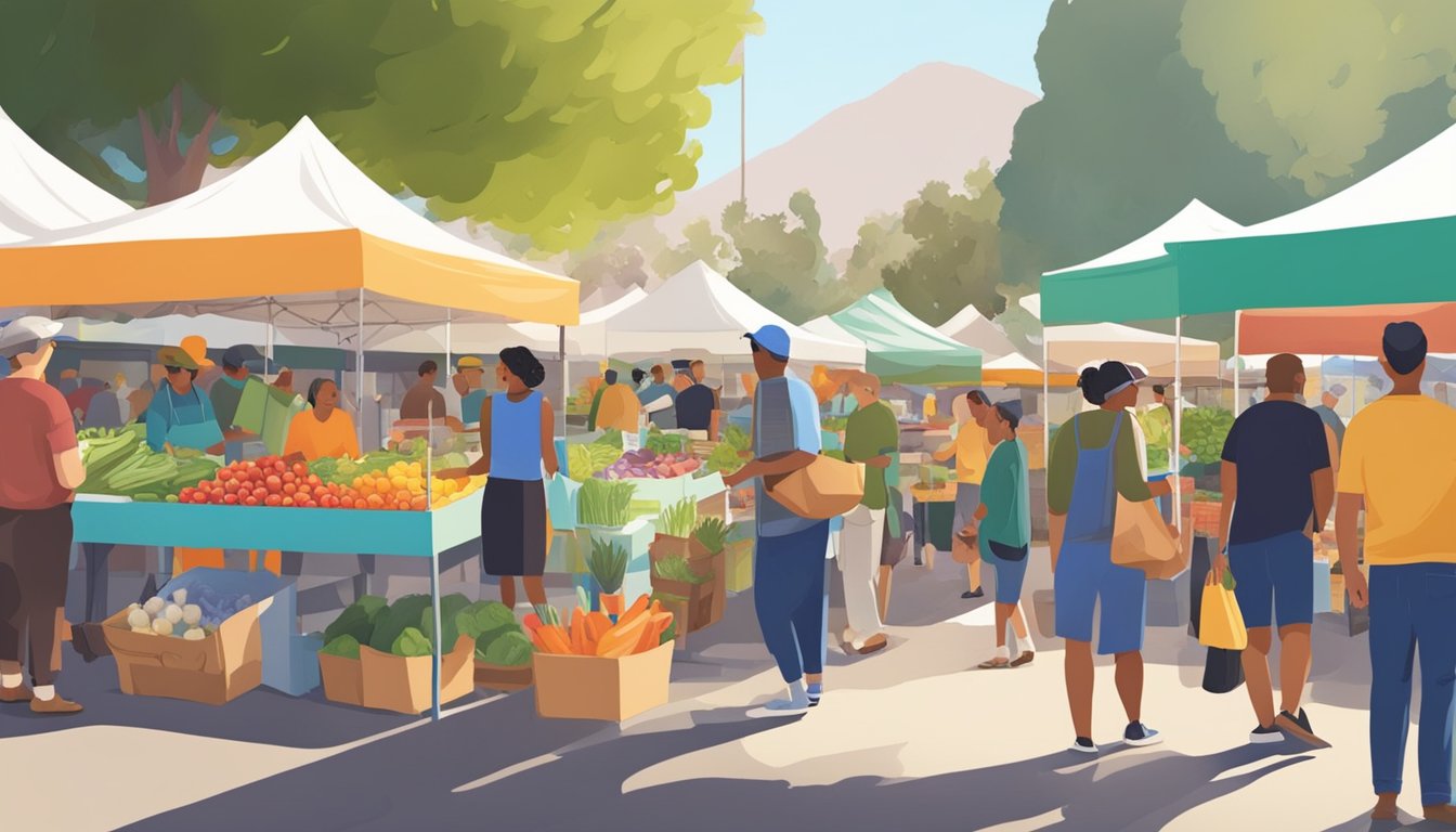 A bustling farmers market with diverse vendors selling fresh produce, dairy, and homemade goods under a colorful canopy in Glendale, CA