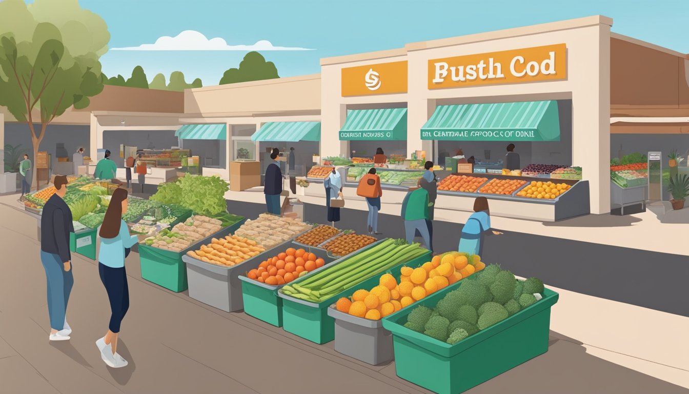 A bustling food co-op in Glendale, California, with a diverse array of fresh produce, bulk goods, and local products on display. Customers interact with knowledgeable staff and enjoy a sense of community