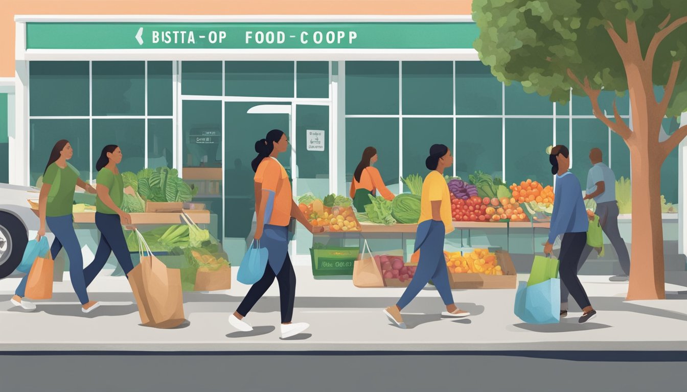 A bustling local food co-op in Glendale, CA, with people entering and exiting, carrying reusable bags filled with fresh produce and groceries