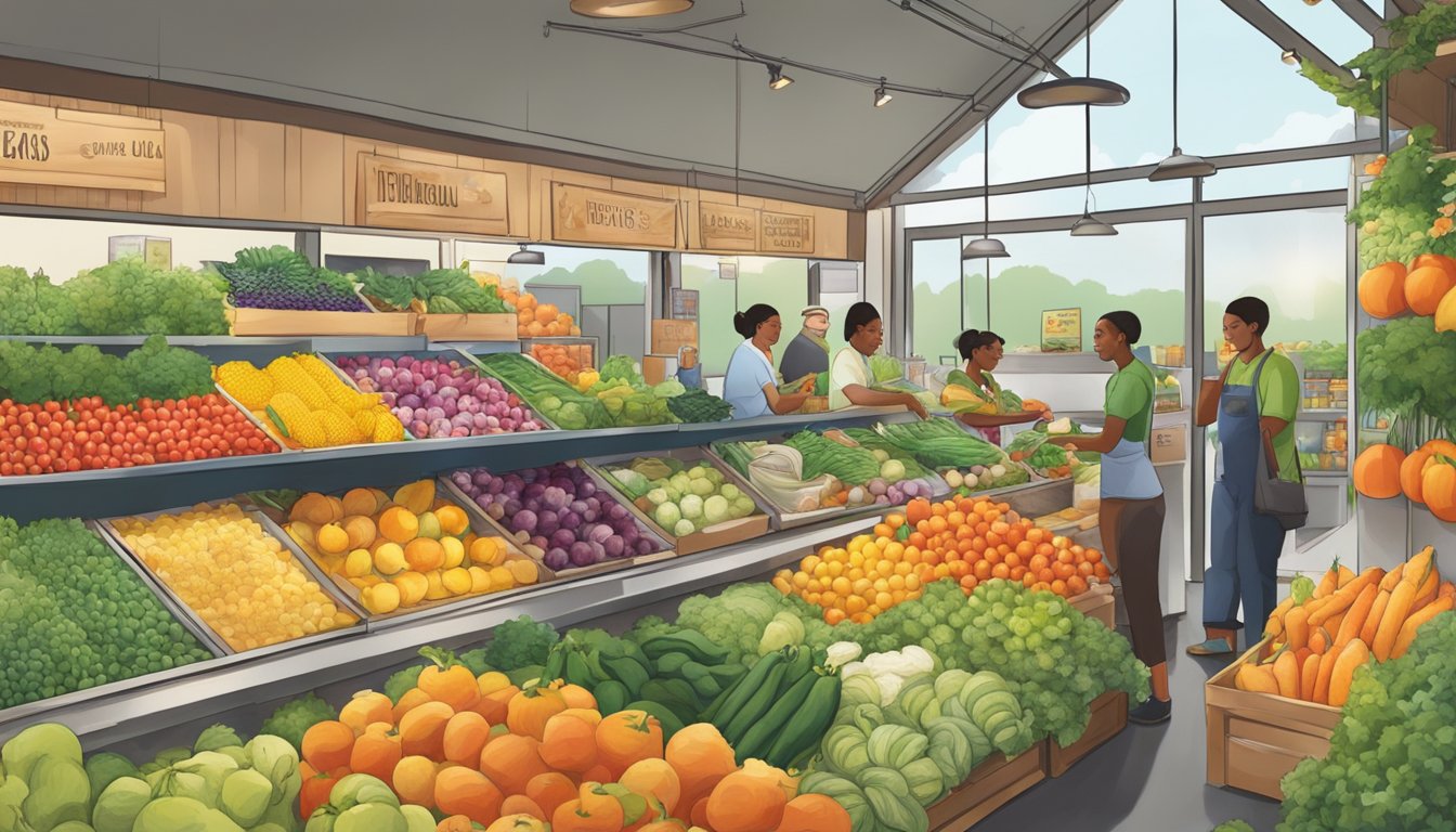 A bustling local food co-op with colorful produce displays and a diverse array of locally-sourced goods