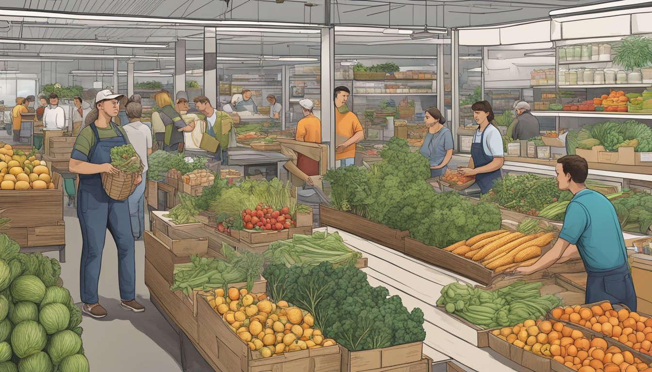 A bustling local food coop in Omaha, Nebraska, with farmers selling fresh produce and customers browsing the selection