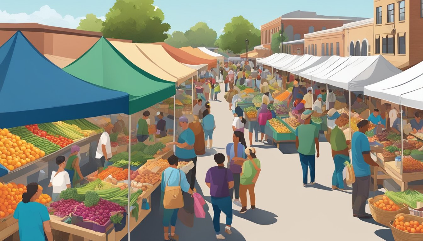 A bustling farmers' market with colorful stalls and a diverse crowd browsing fresh produce and local goods in Aurora, CO